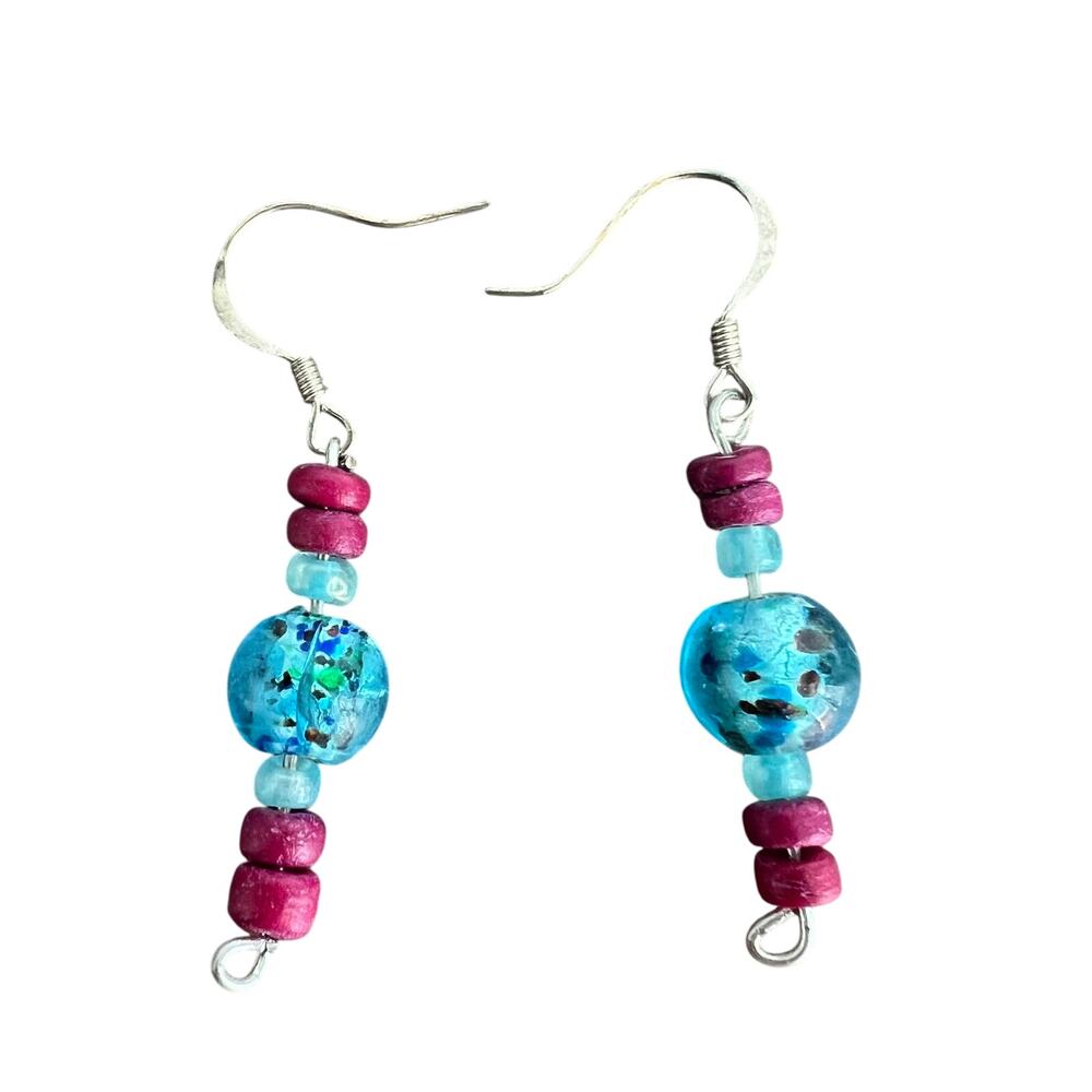 Purple and blue beaded funky dangle drop earrings on silver tone hooks